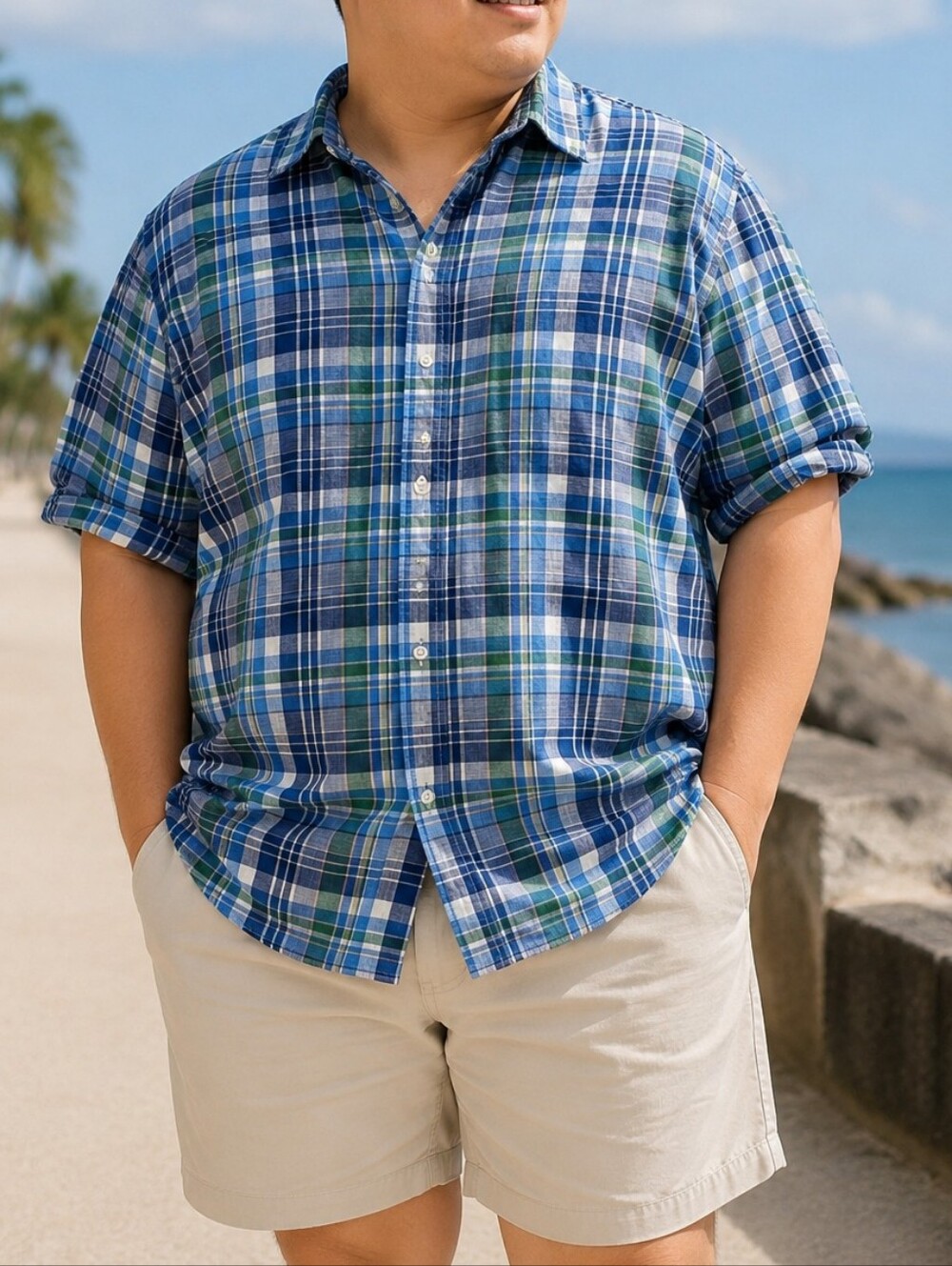 Chaps Linen Cotton Blend Blue Green Plaid Short Sleeve Casual Button-Up Shirt